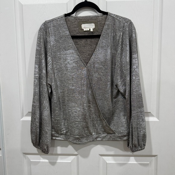 Anthropologie Silver Metallic Long Sleeve Blouse Wrap Front Top Size S - Picture 1 of 7